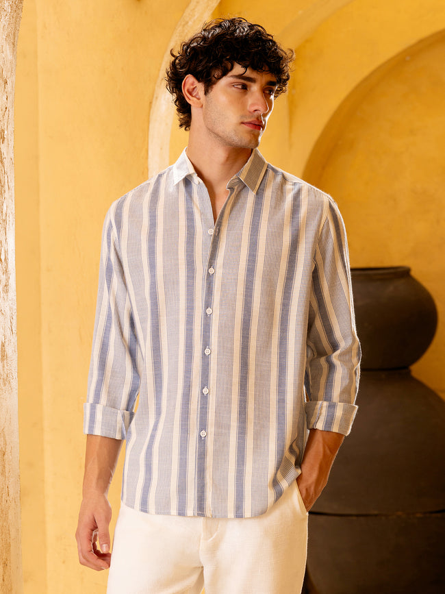 Men Blue Yarn Dyed Striped Shirt