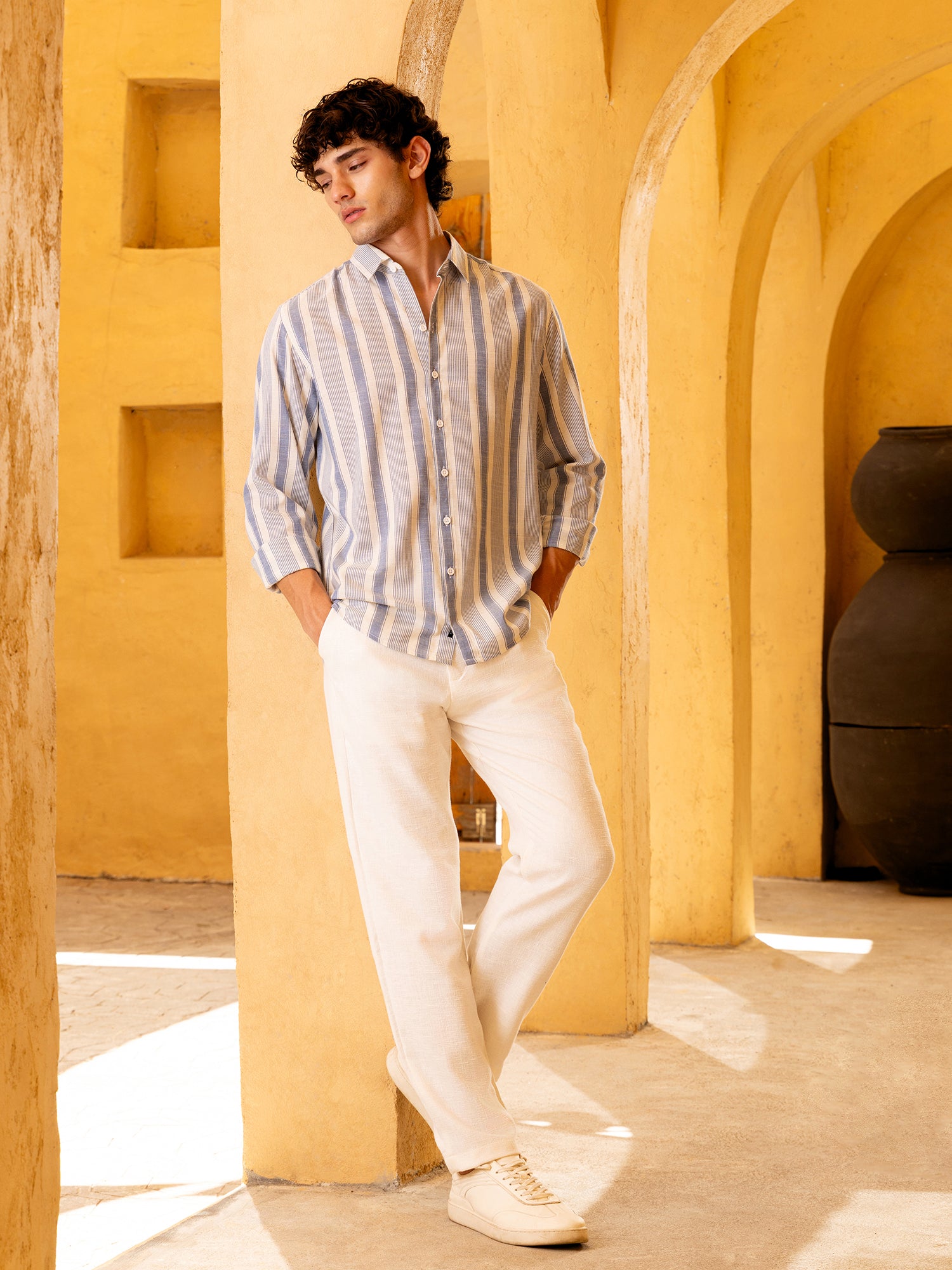 Men Blue Yarn Dyed Striped Shirt