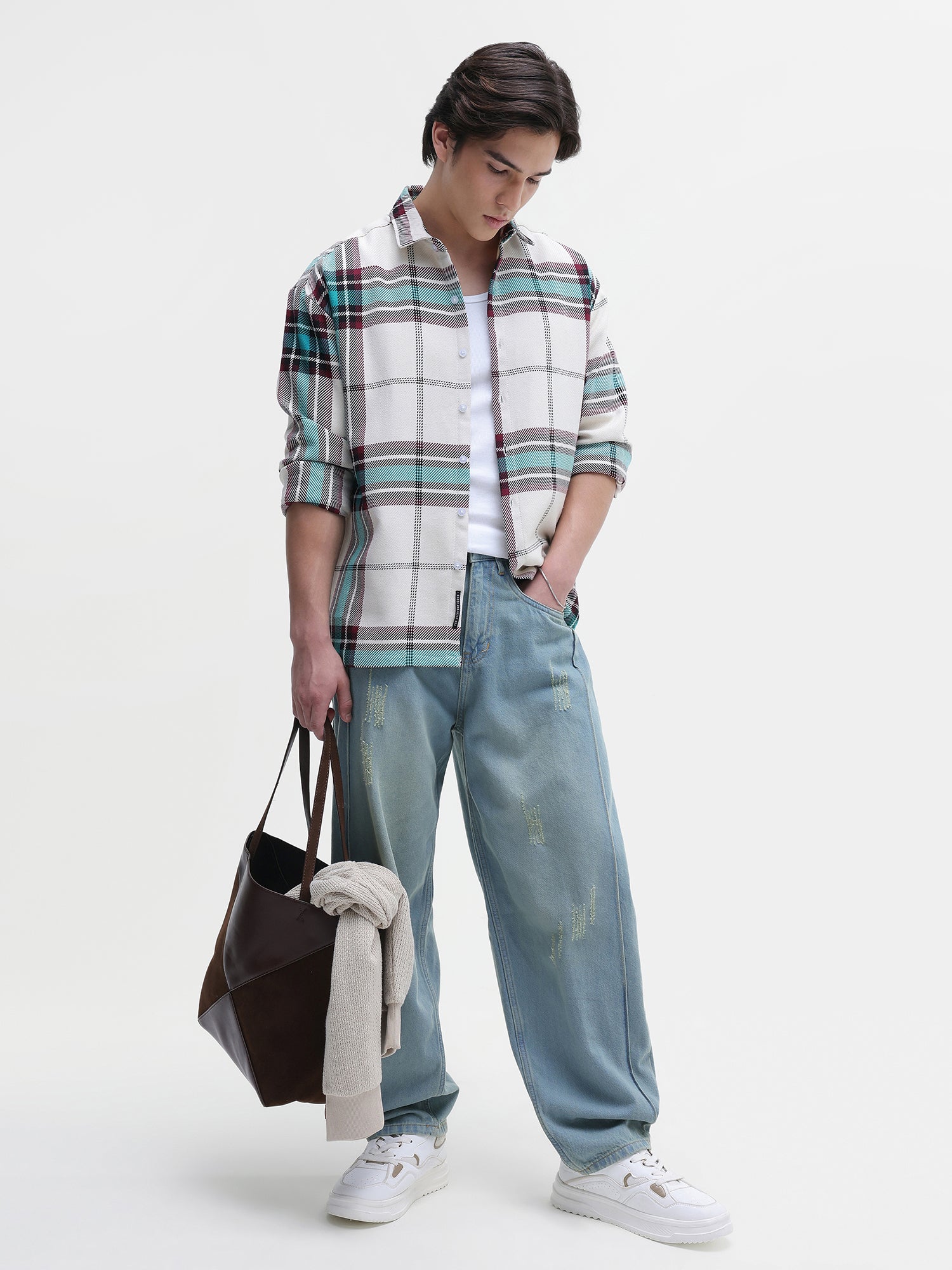 Men Off White Yarn Dyed Shirt