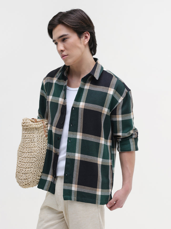 Men Green Yarn-Dyed Plaid Oversized Shirt