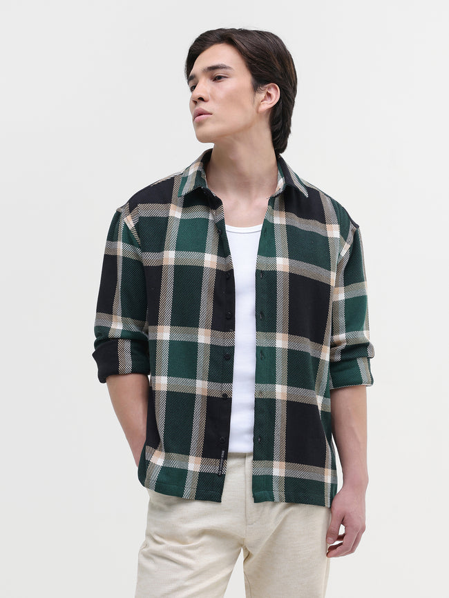 Men Green Yarn-Dyed Plaid Oversized Shirt