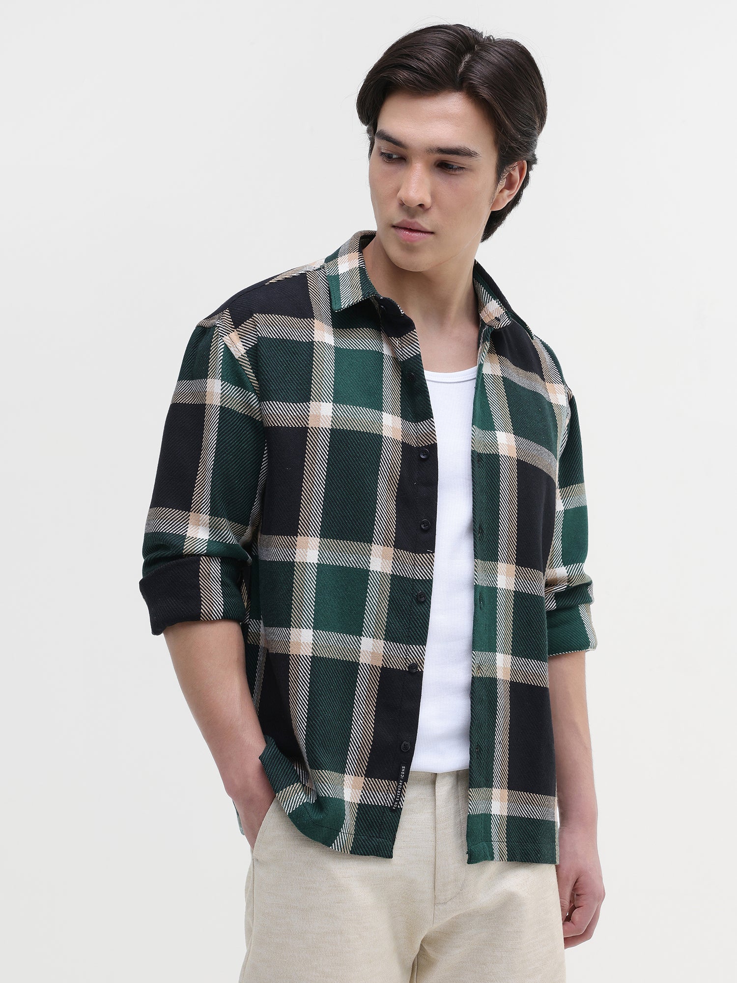 Men Green Yarn-Dyed Plaid Oversized Shirt
