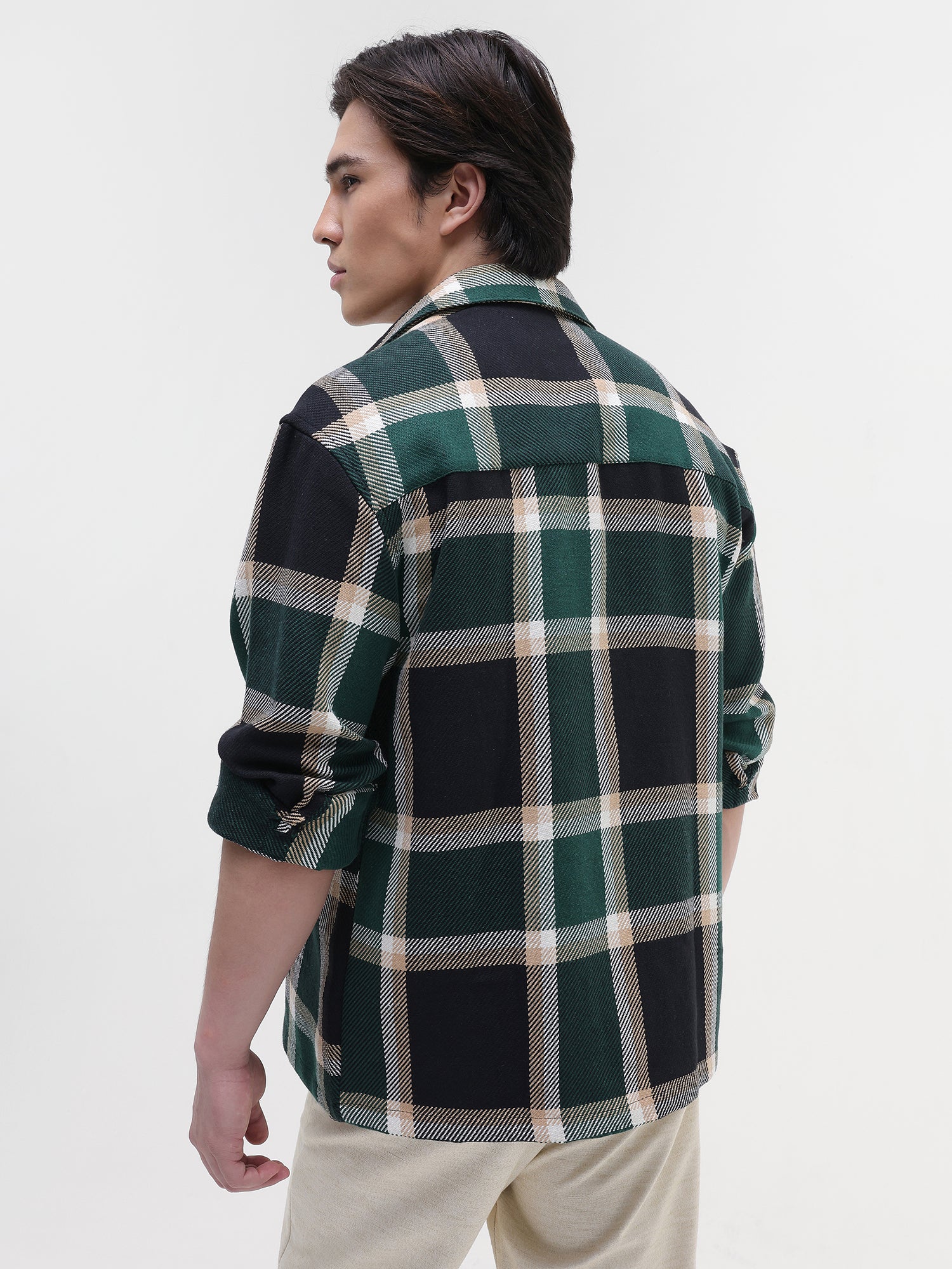 Men Green Yarn-Dyed Plaid Oversized Shirt