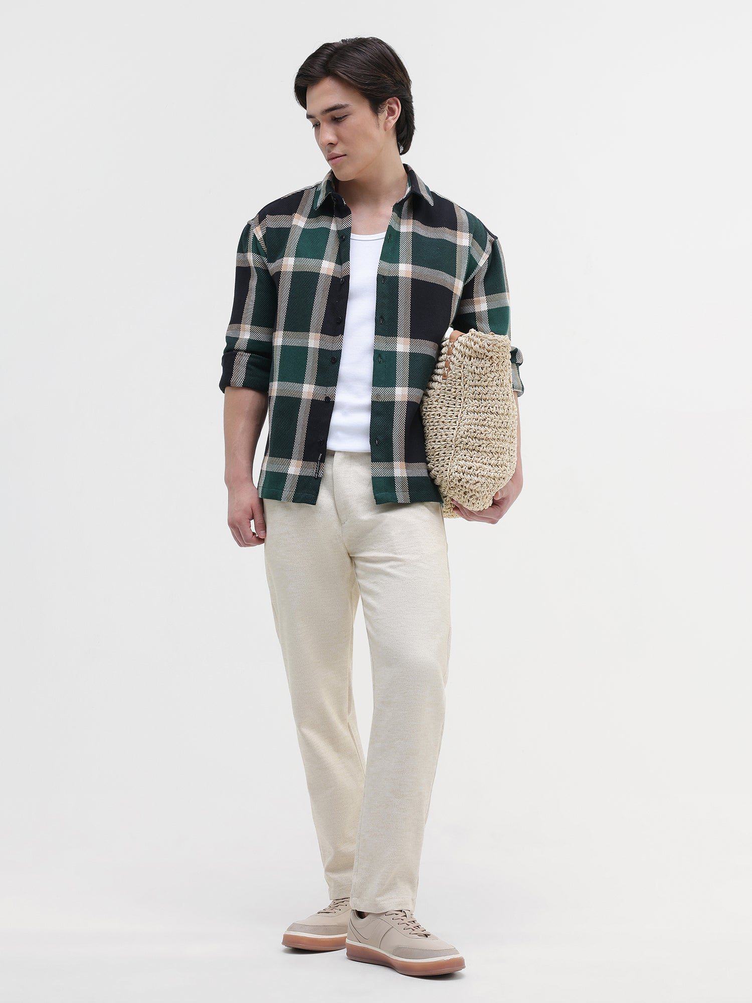 Men Green Yarn-Dyed Plaid Oversized Shirt