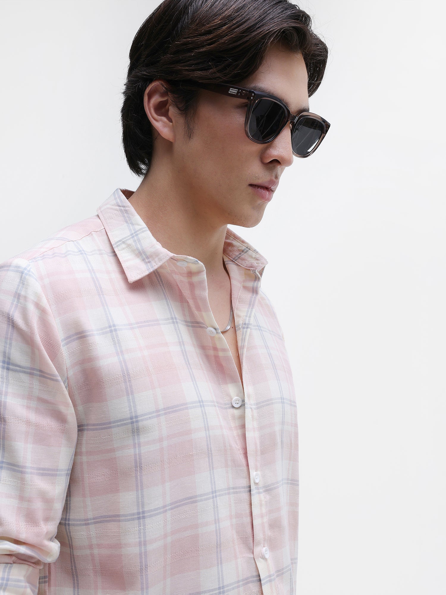 Men Peach Yarn Dyed Checked Shirt