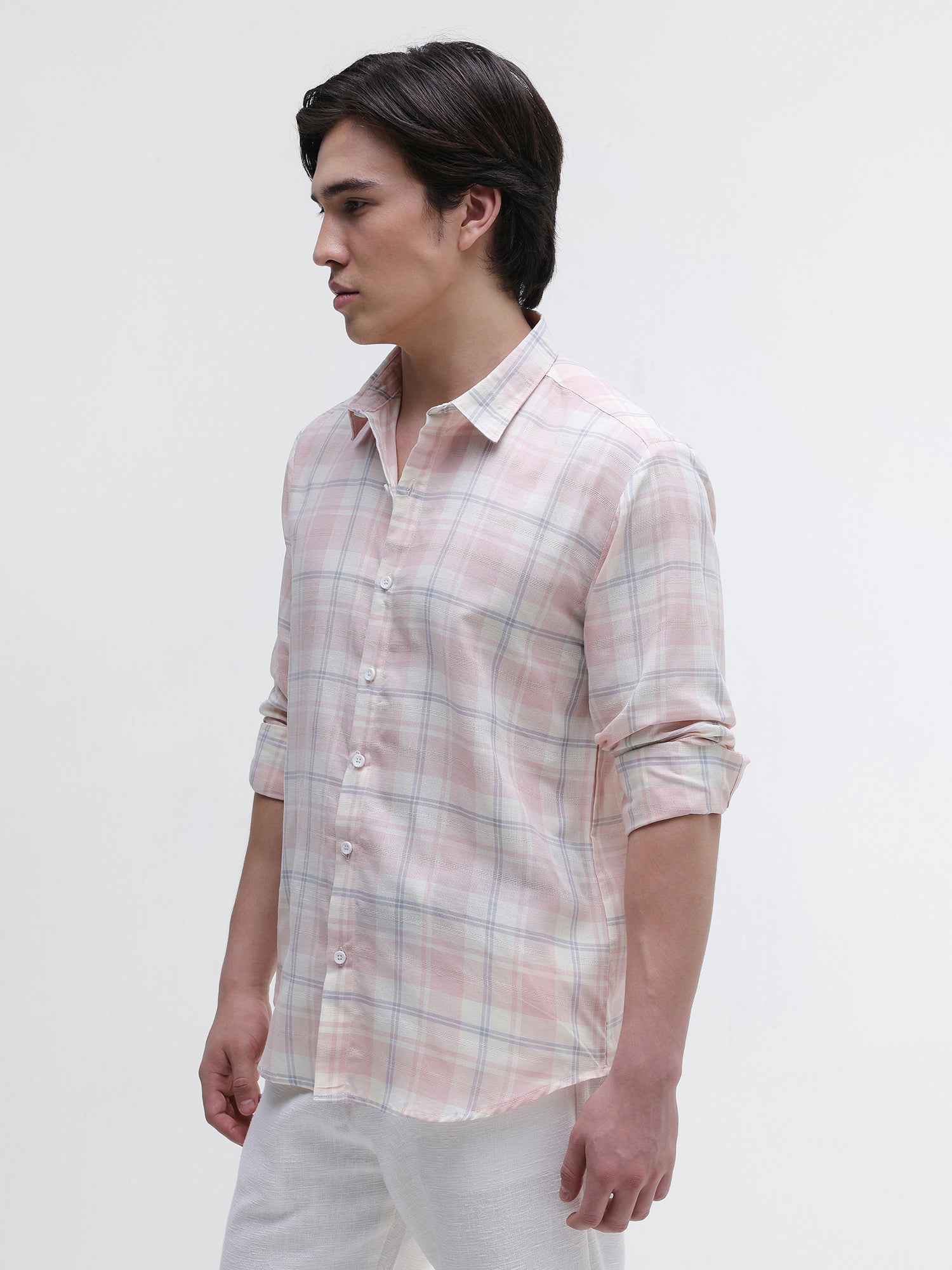Men Peach Yarn Dyed Checked Shirt