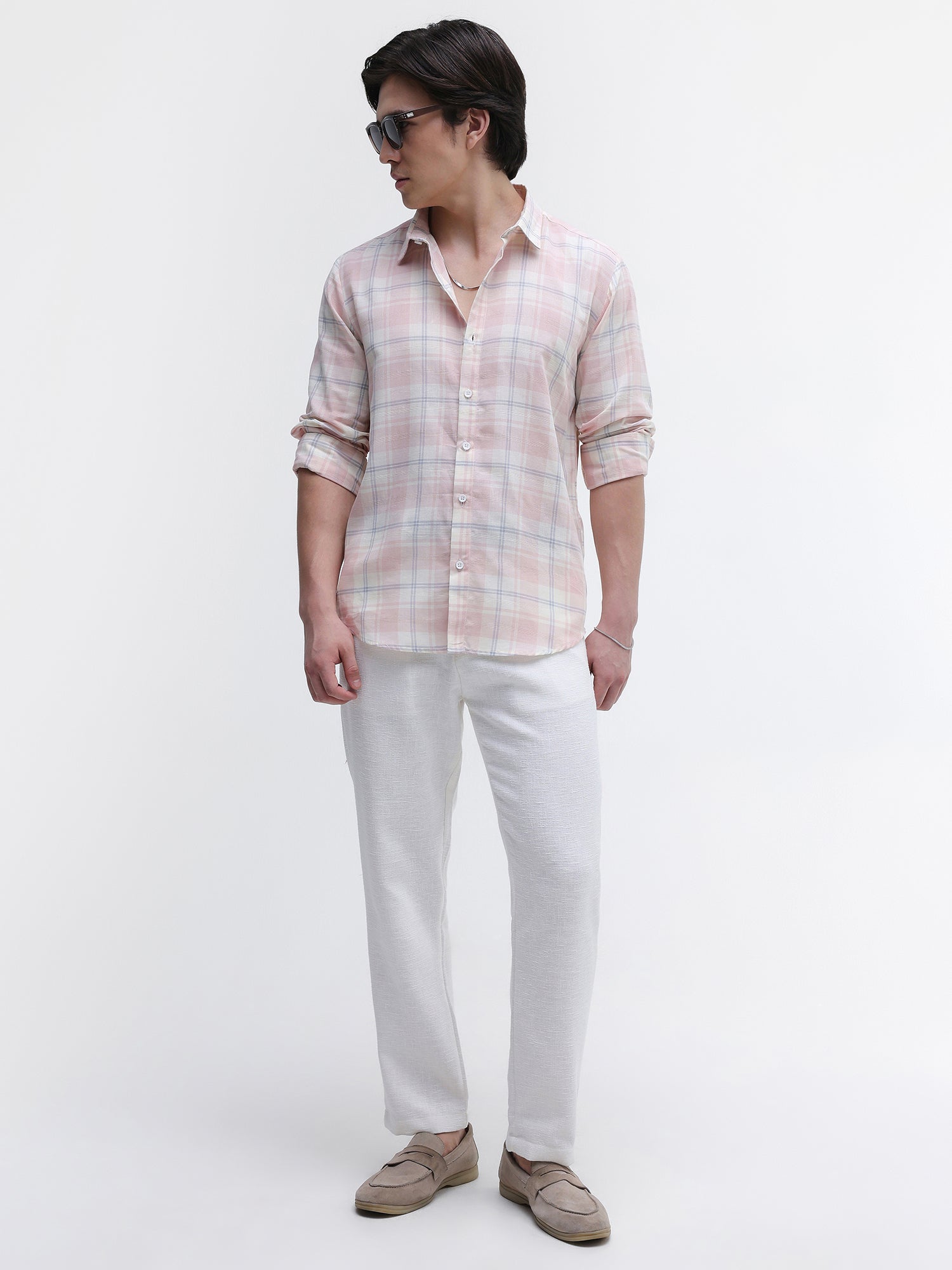 Men Peach Yarn Dyed Checked Shirt