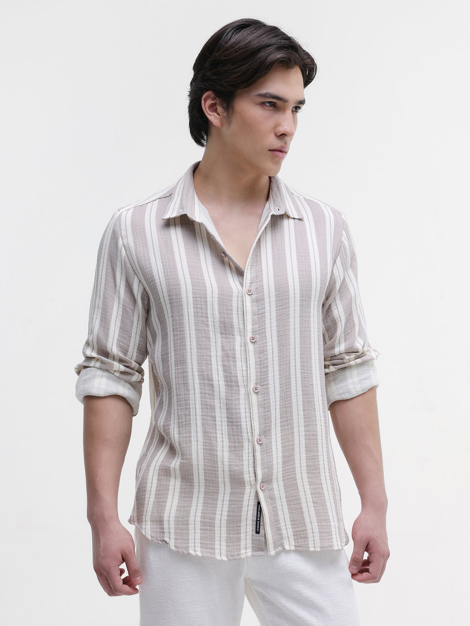 Men Brown Striped Double Cloth Shirt