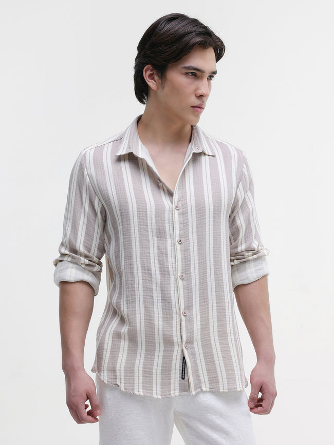 Men Brown Striped Double Cloth Shirt