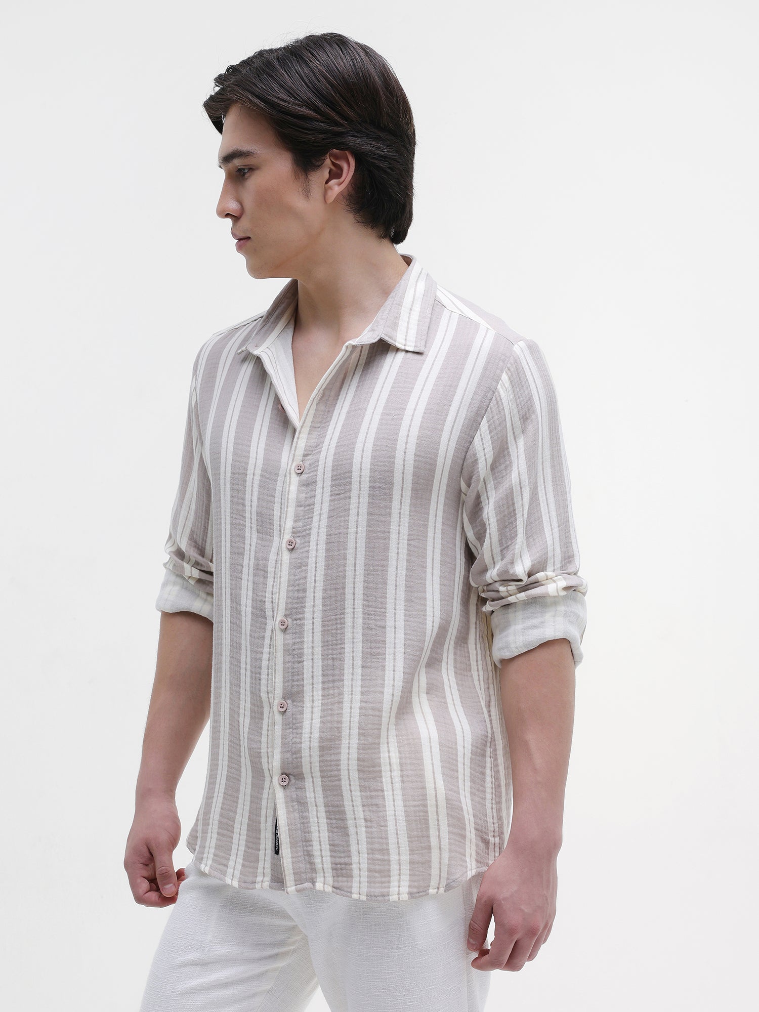 Men Brown Striped Double Cloth Shirt