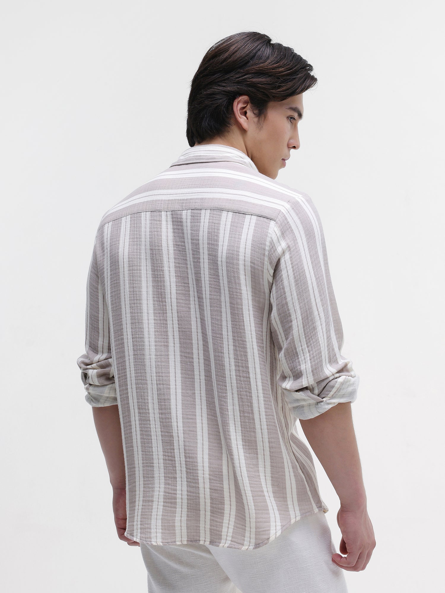 Men Brown Striped Double Cloth Shirt