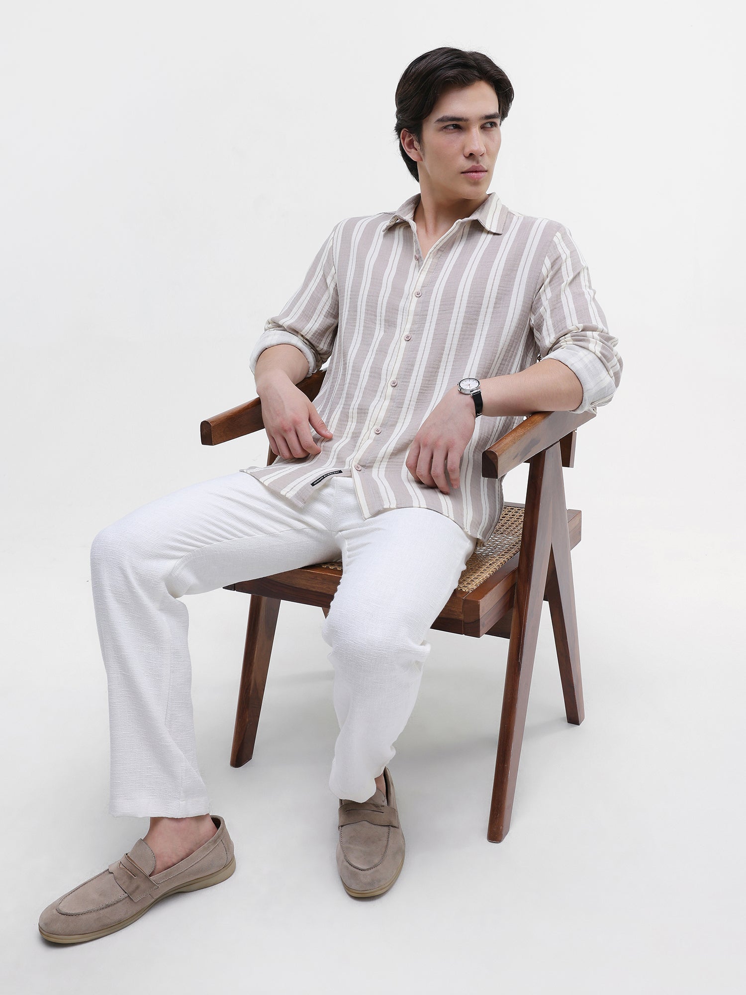 Men Brown Striped Double Cloth Shirt