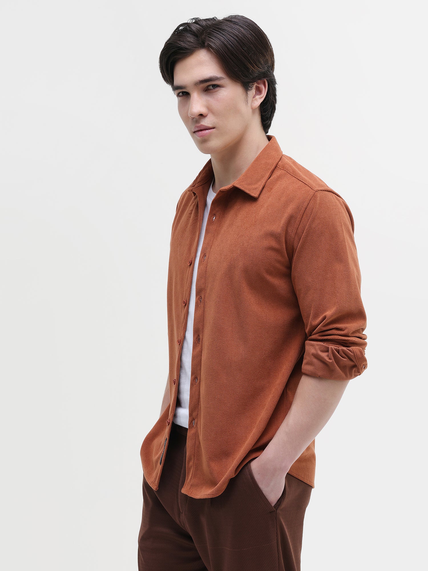 Men Orange Corduroy Shirt
