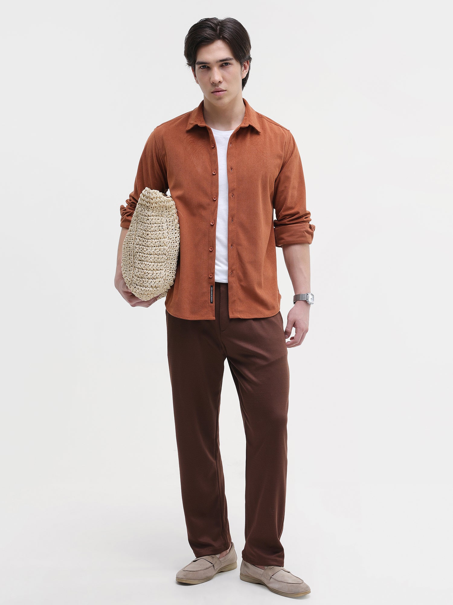 Men Orange Corduroy Shirt