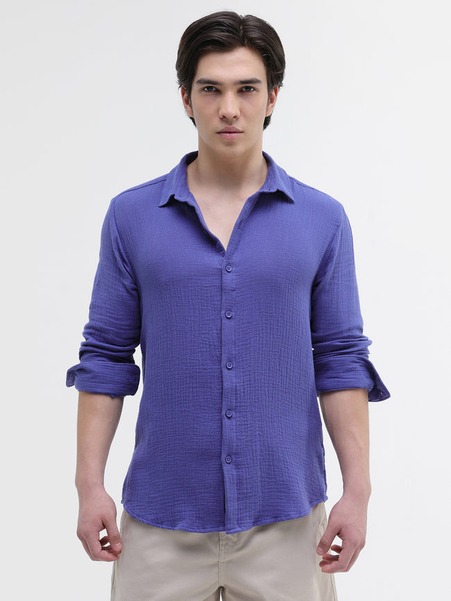 Men Blue Double Cloth Shirt