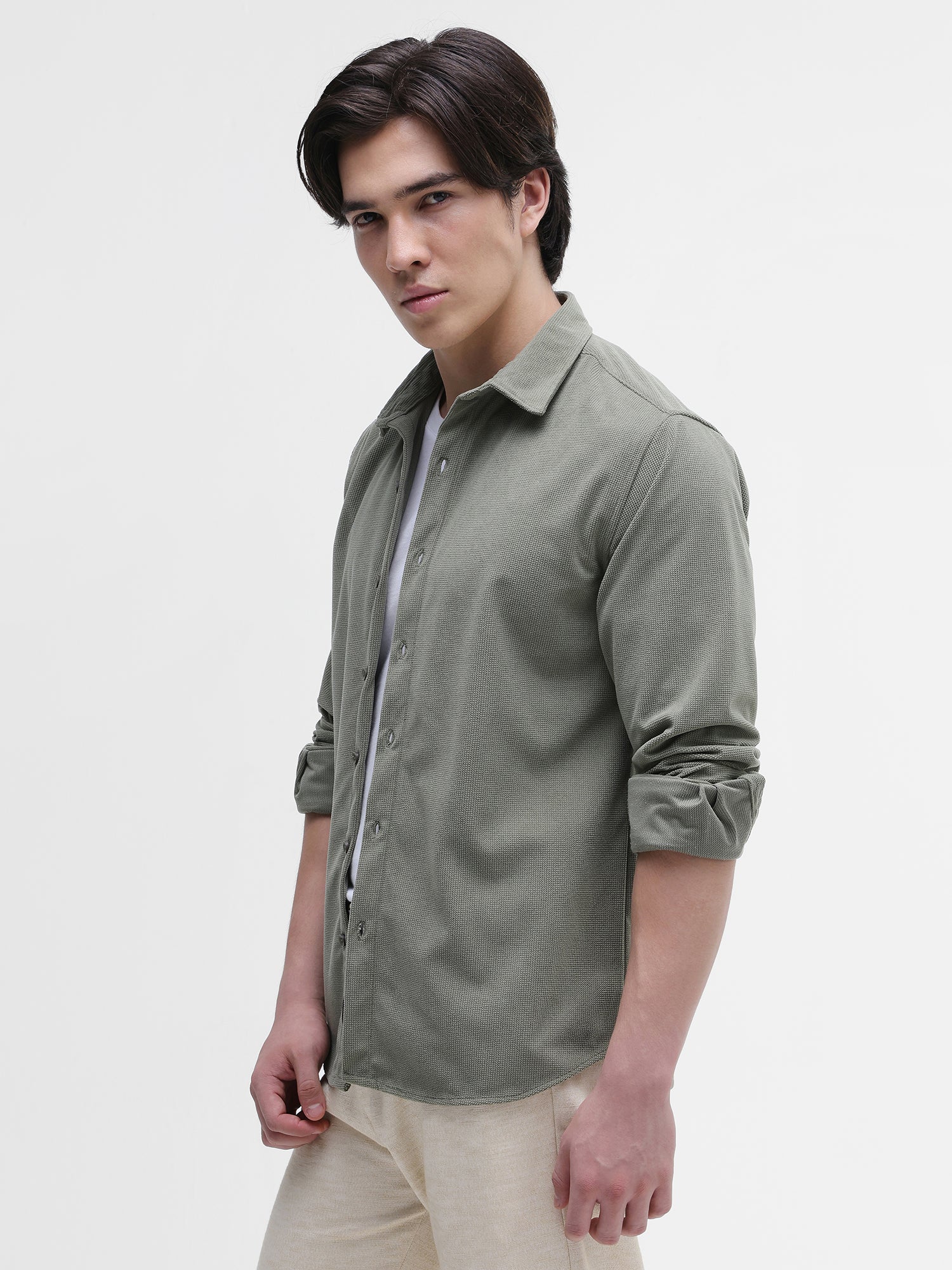 Men Green Solid Textured Shirt