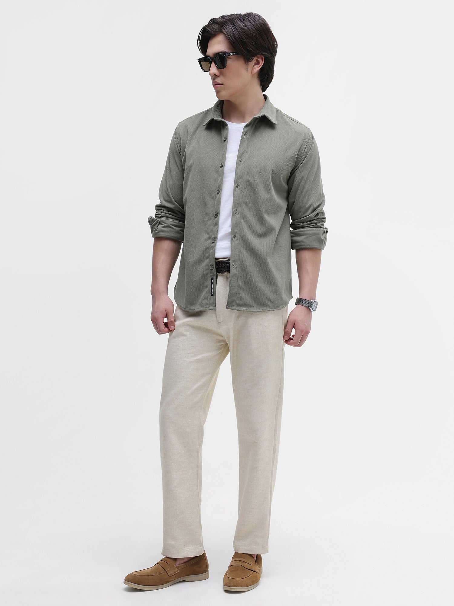 Men Green Solid Textured Shirt