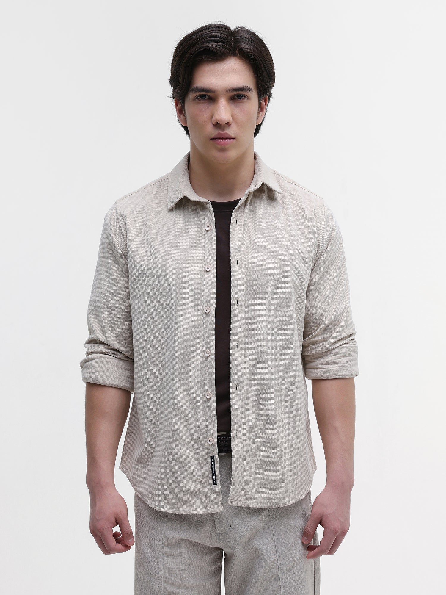 Men Beige Solid Textured Shirt
