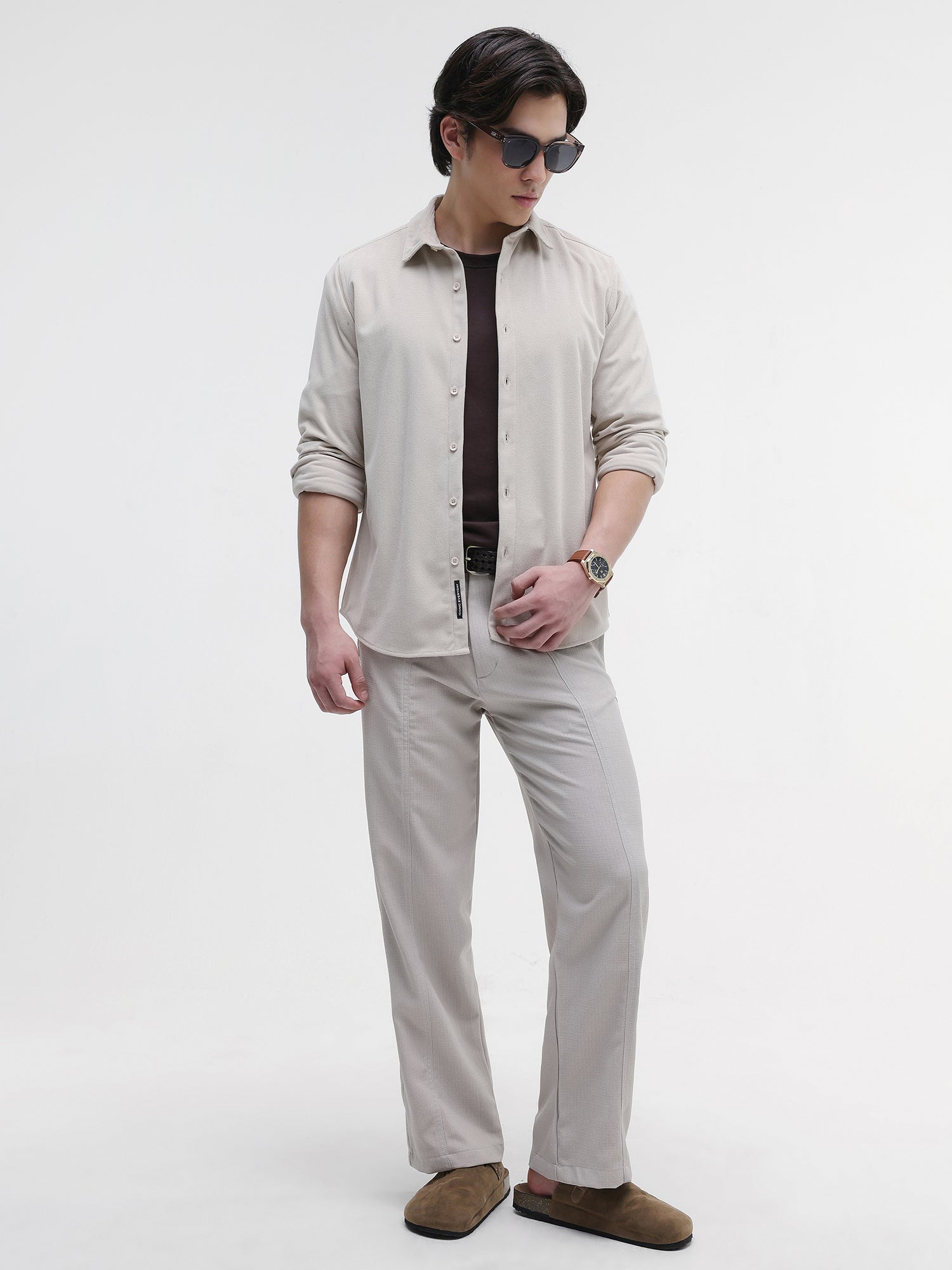 Men Beige Solid Textured Shirt