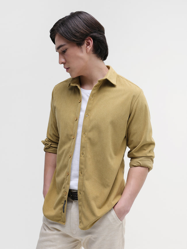 Men Mustard Solid Textured Shirt