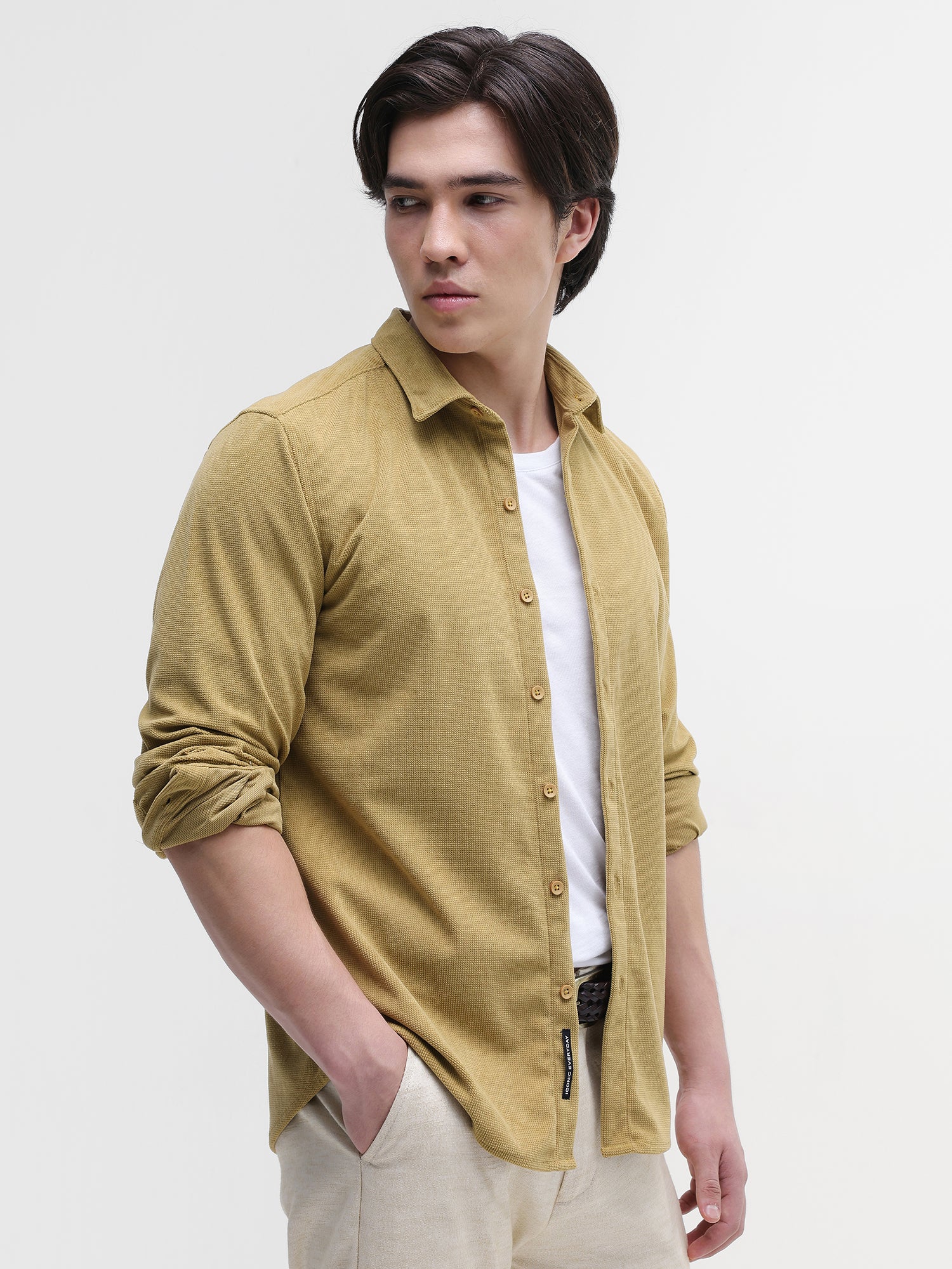 Men Mustard Solid Textured Shirt