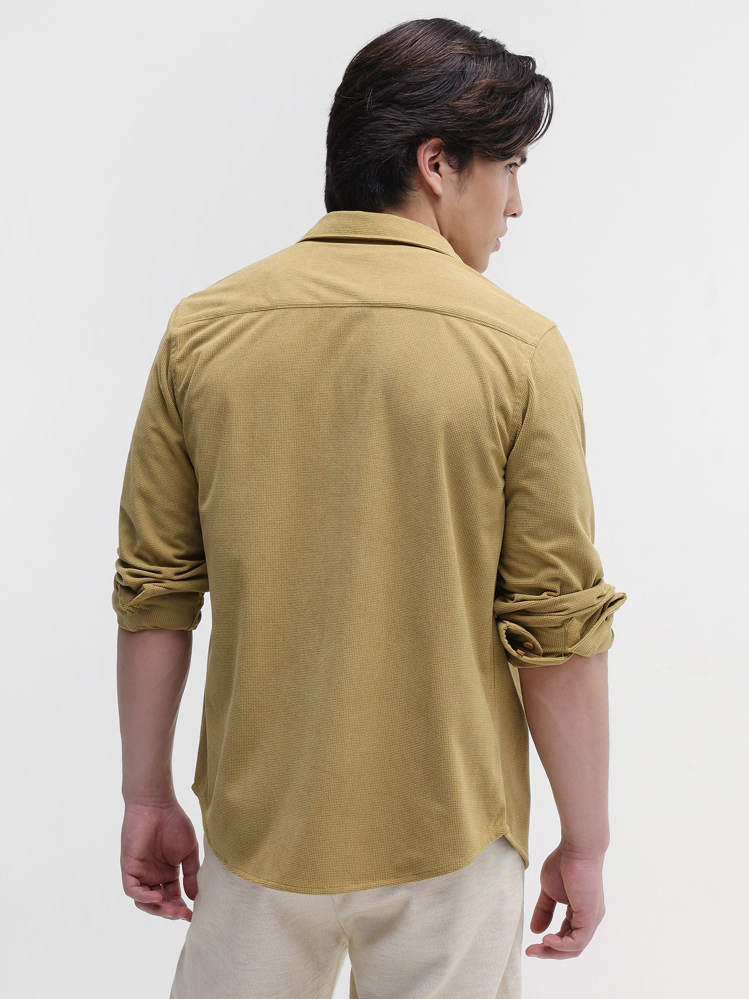 Men Mustard Solid Textured Shirt