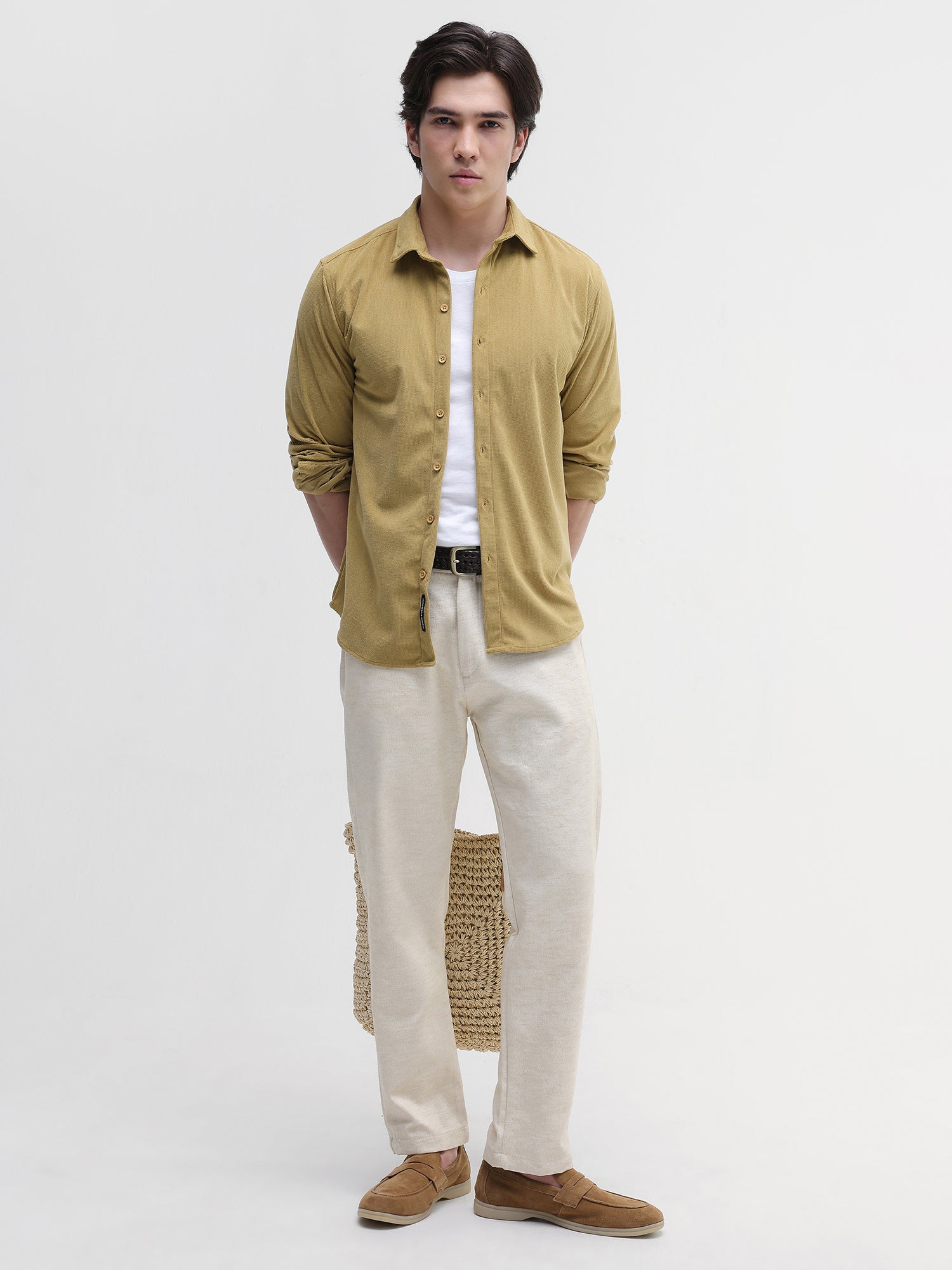 Men Mustard Solid Textured Shirt