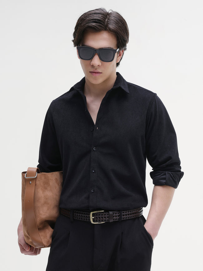 Men Black Solid Textured Shirt