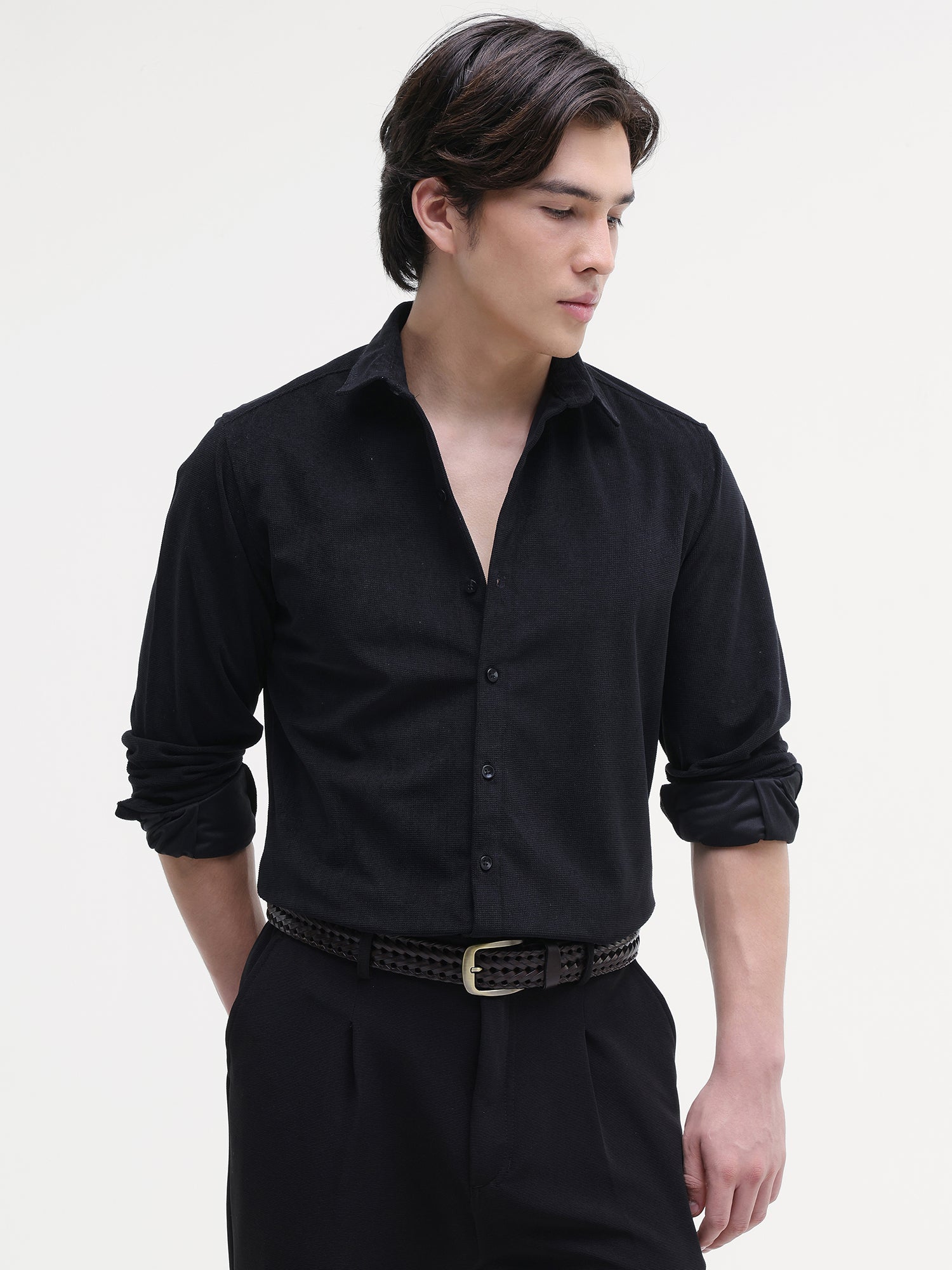 Men Black Solid Textured Shirt