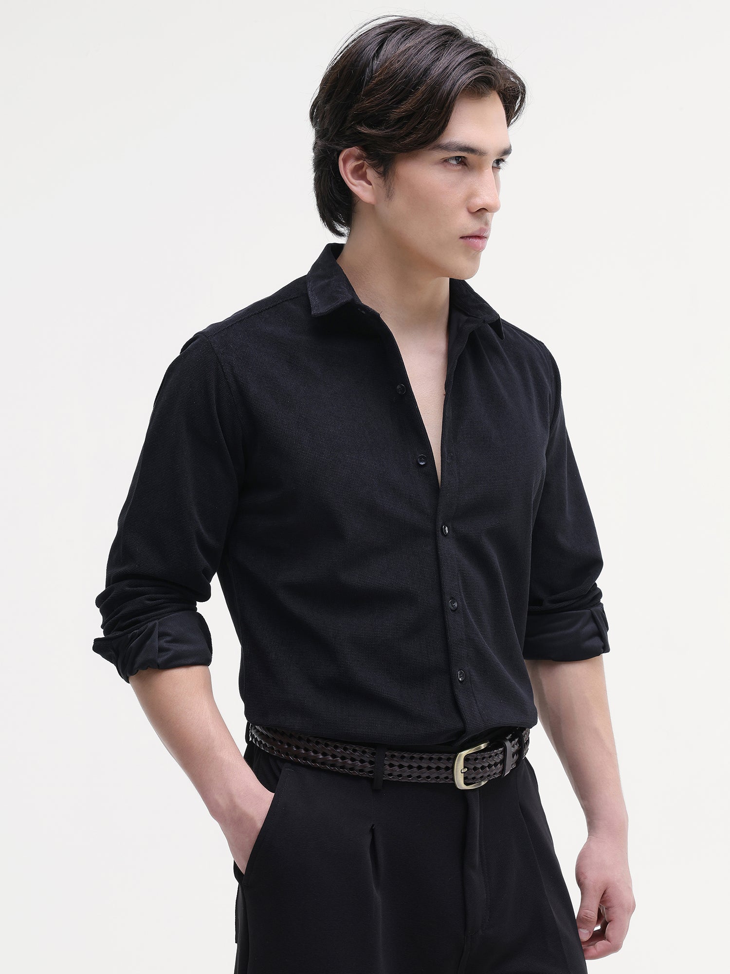 Men Black Solid Textured Shirt