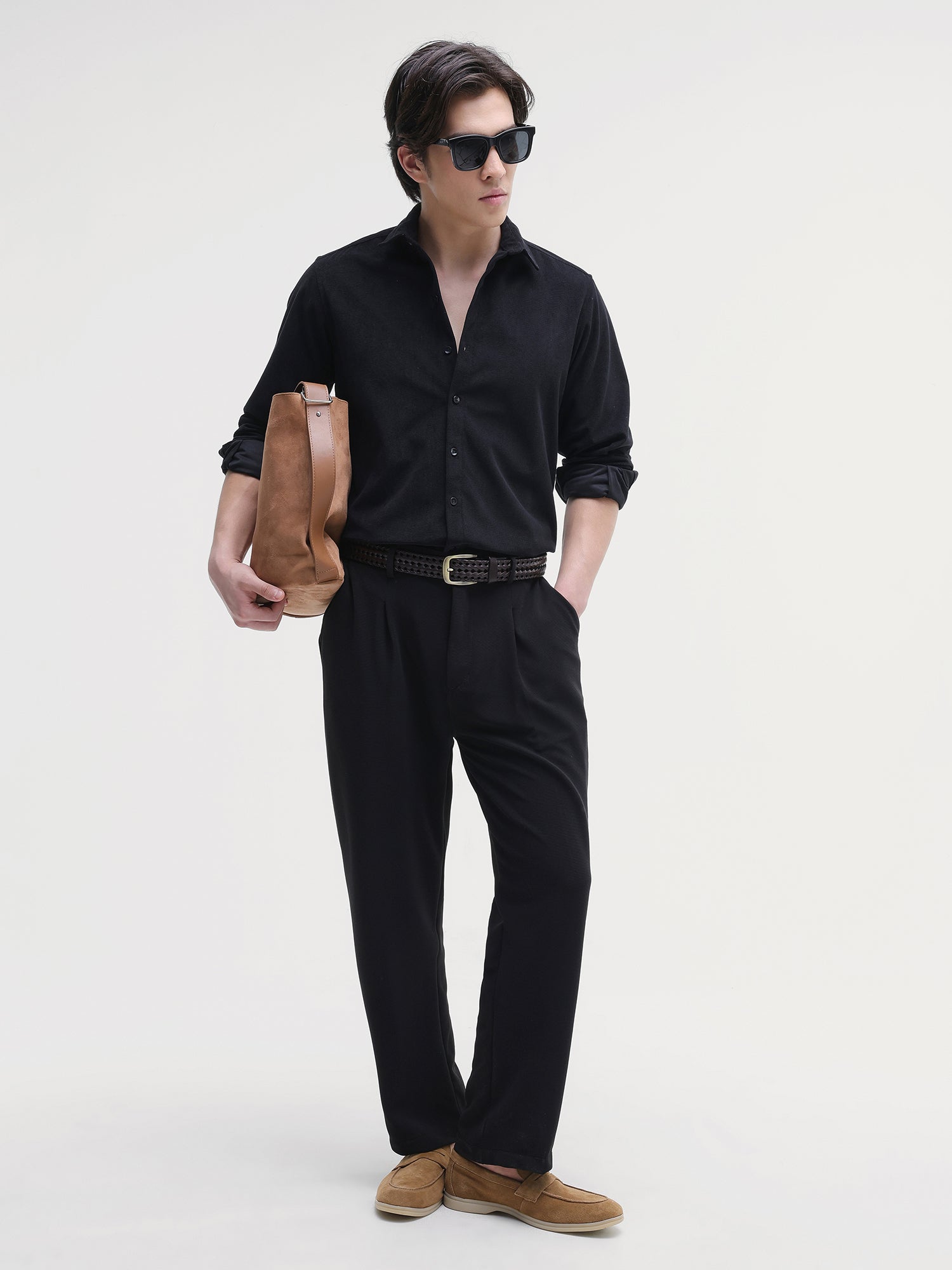 Men Black Solid Textured Shirt