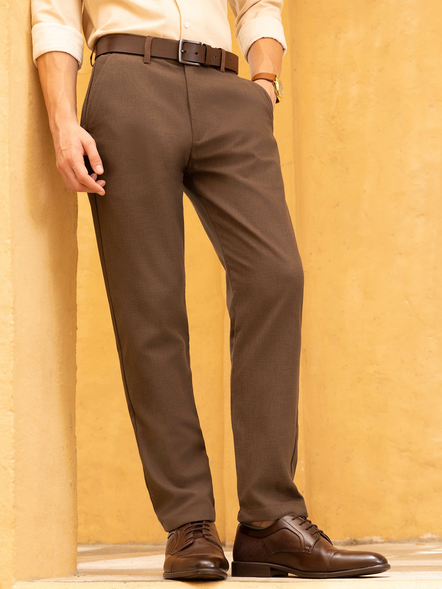 Men Brown Mid-Rise Tapered Fit Trouser