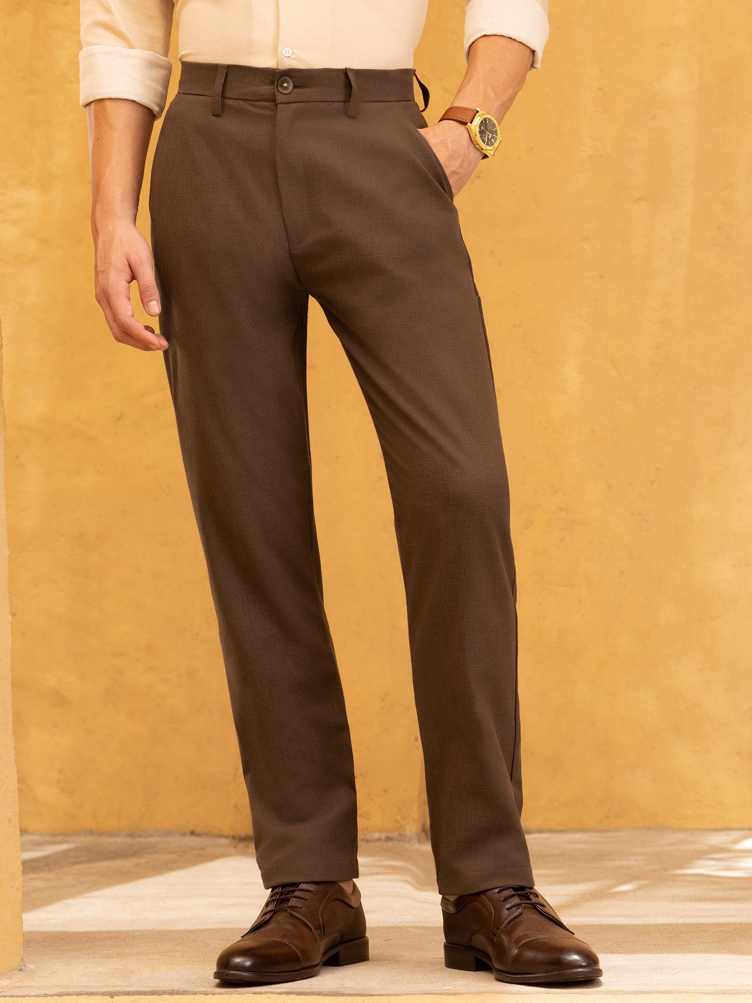 Men Brown Mid-Rise Tapered Fit Trouser