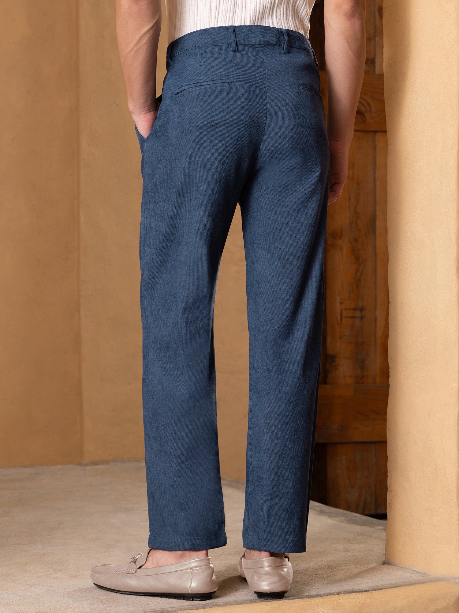 Men Navy Mid-Rise Single pleat corduroy Trouser