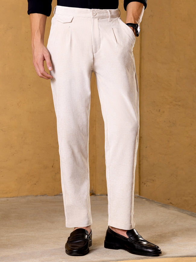 Men Beige Mid-Rise Single pleat corduroy Trouser