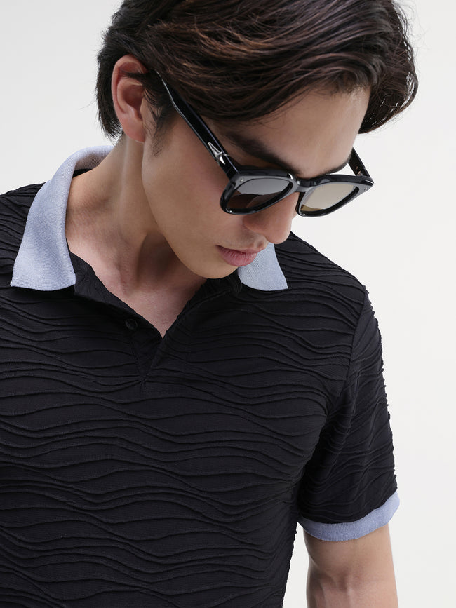 Men Black Jacquard Polo