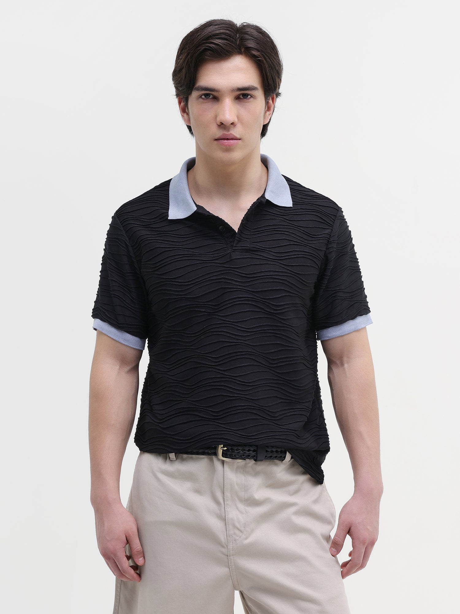 Men Black Jacquard Polo