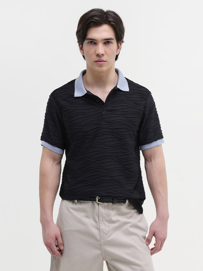 Men Black Jacquard Polo