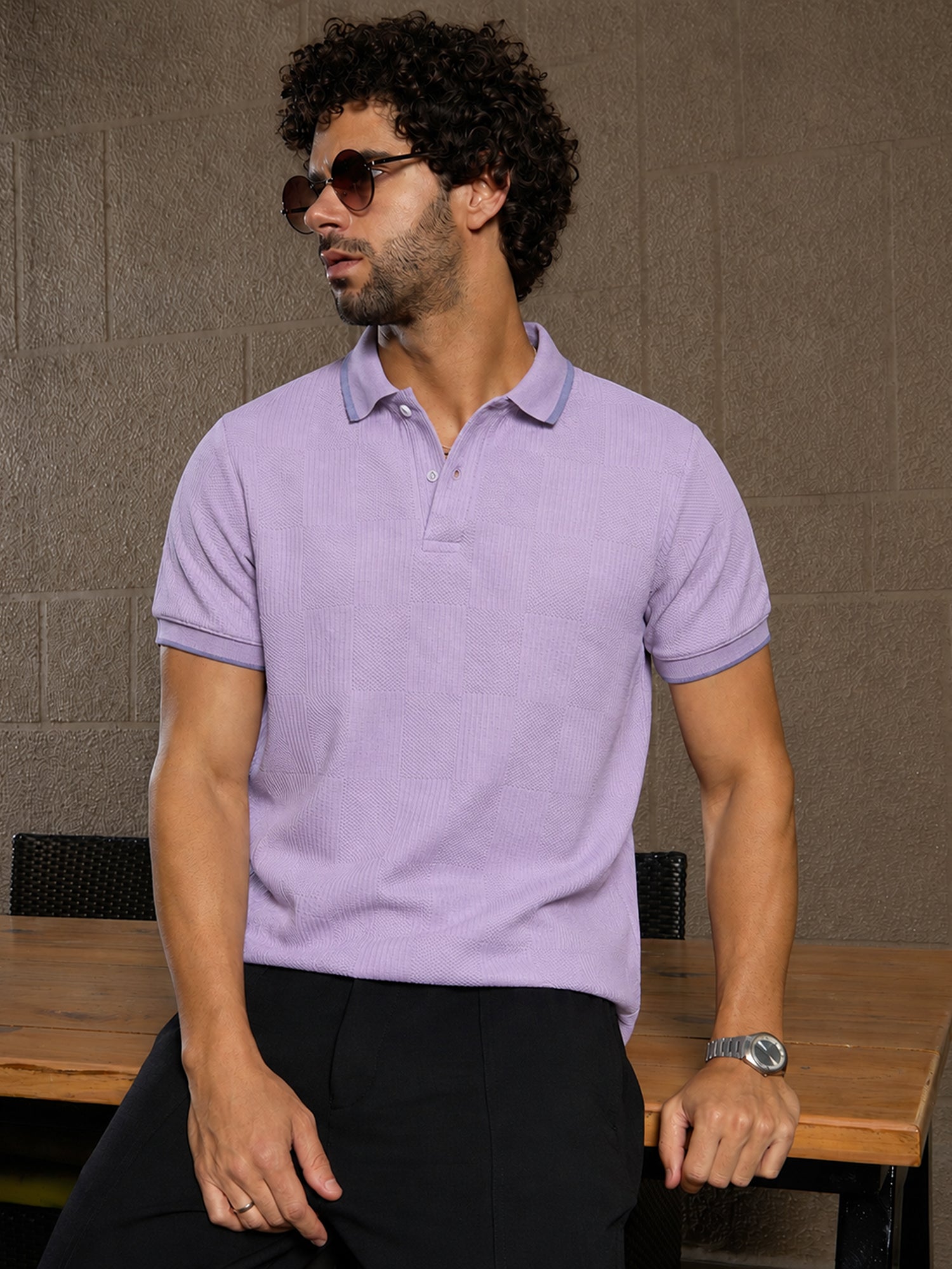 Men Lavender Self Design T-Shirt