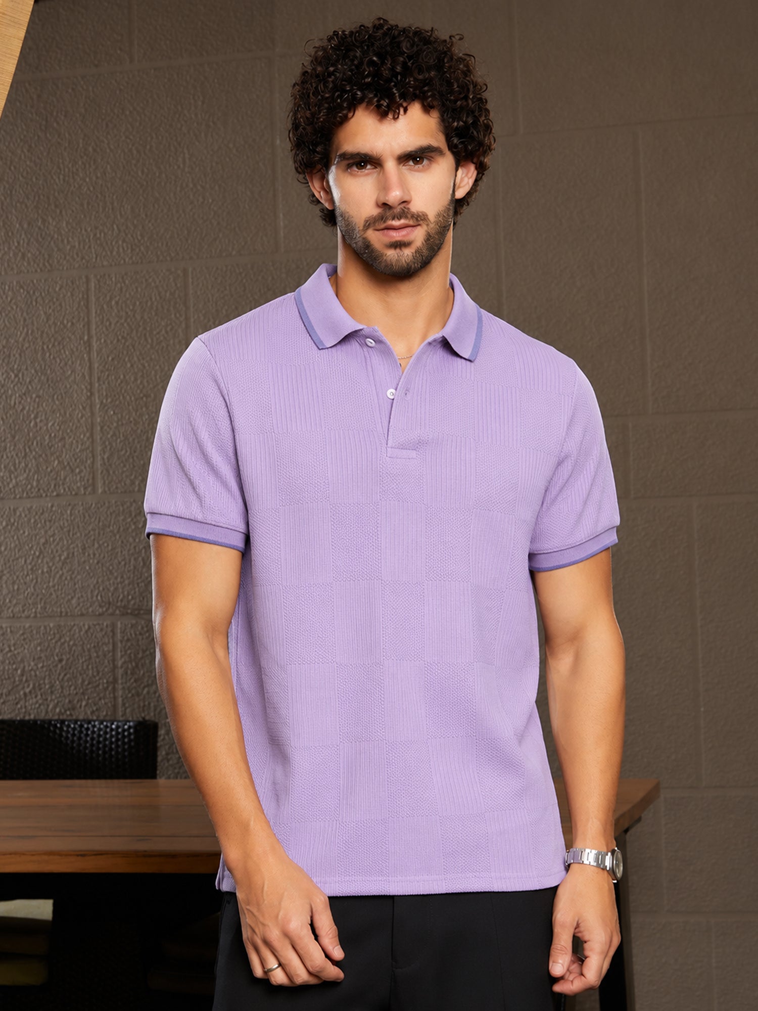 Men Lavender Self Design T-Shirt
