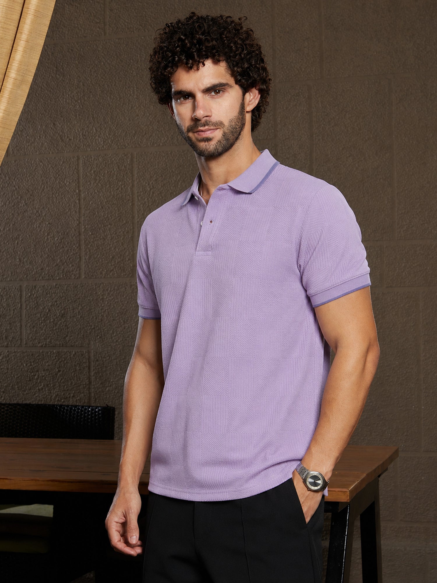 Men Lavender Self Design T-Shirt