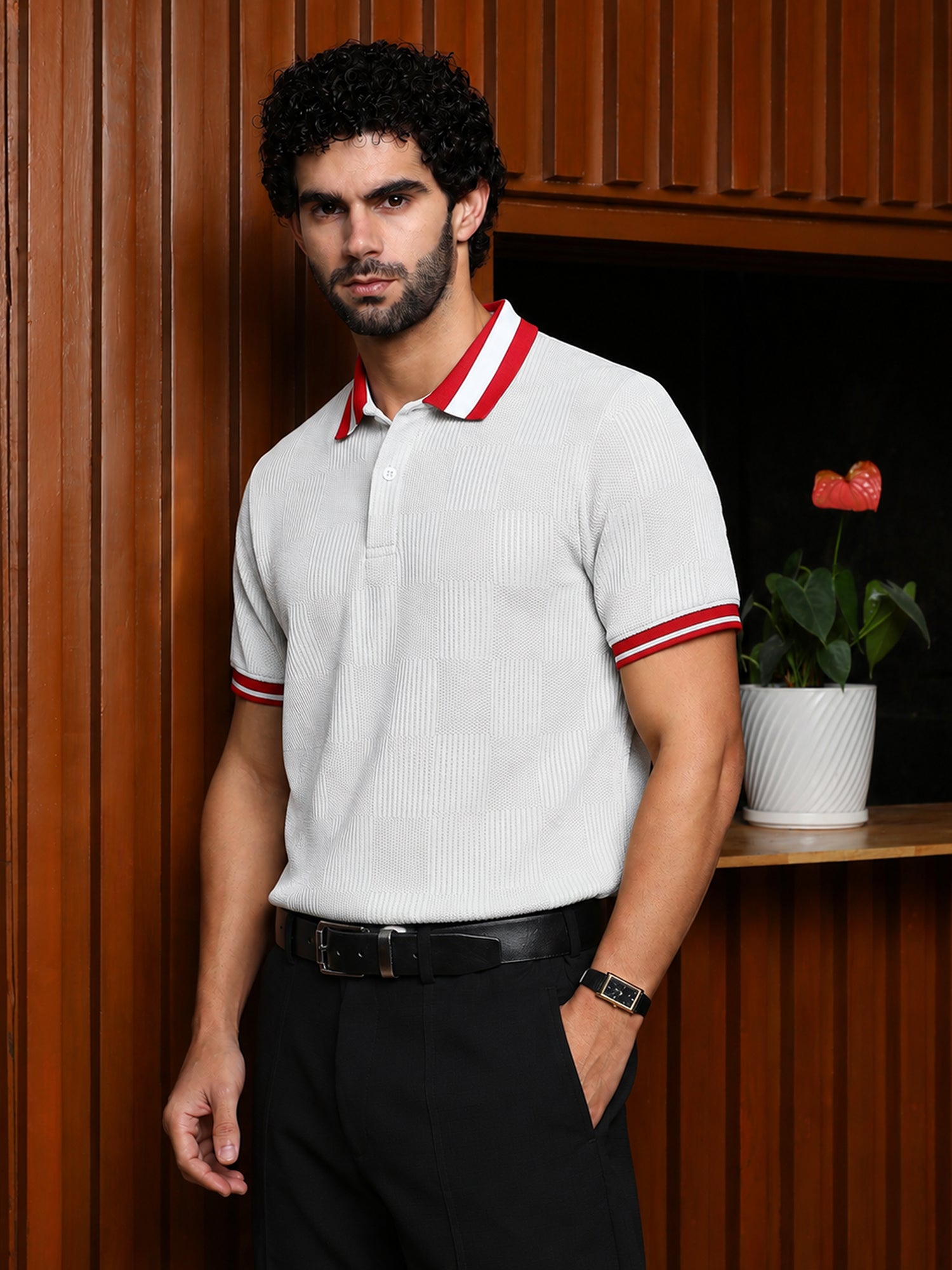 Men White Self Design T-Shirt