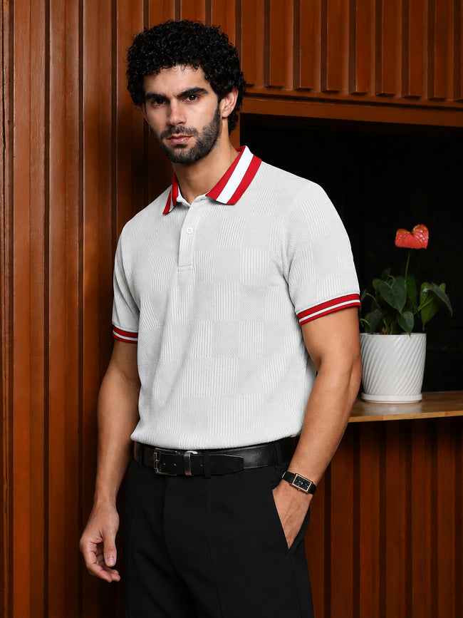 Men White Self Design T-Shirt