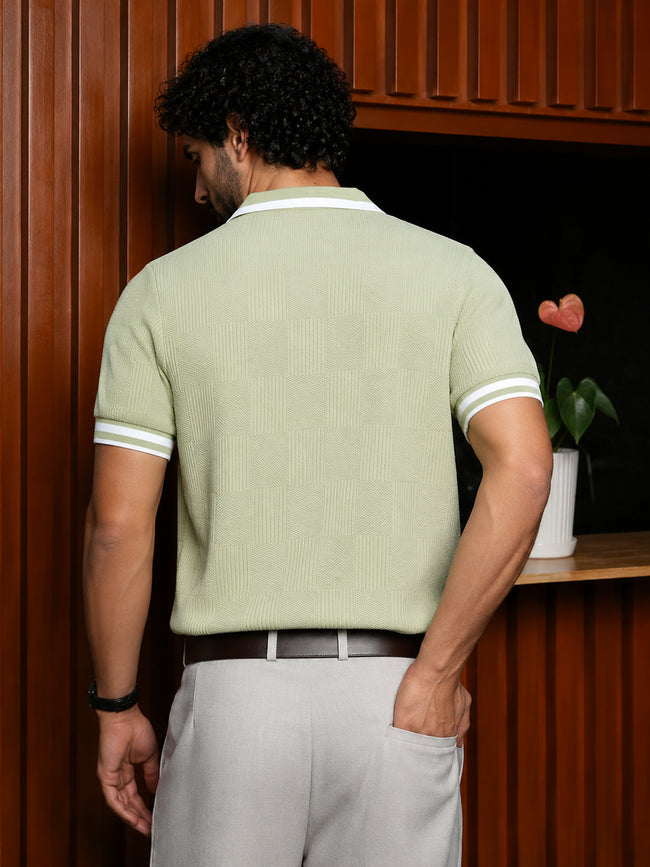 Men Green Self Design T-Shirt