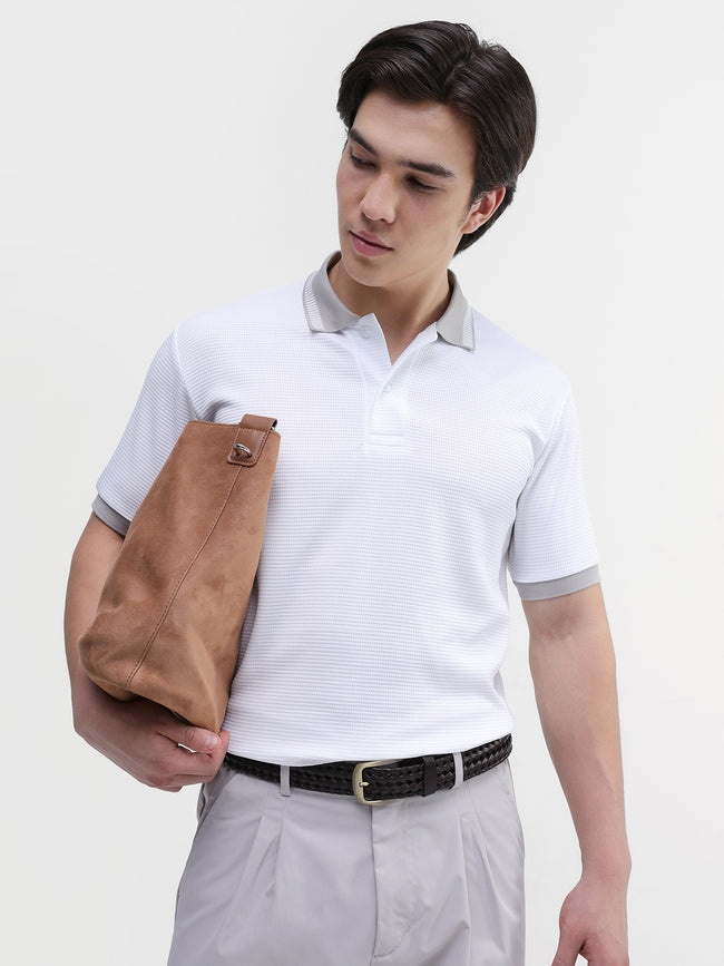 Men White Waffle Knit Polo