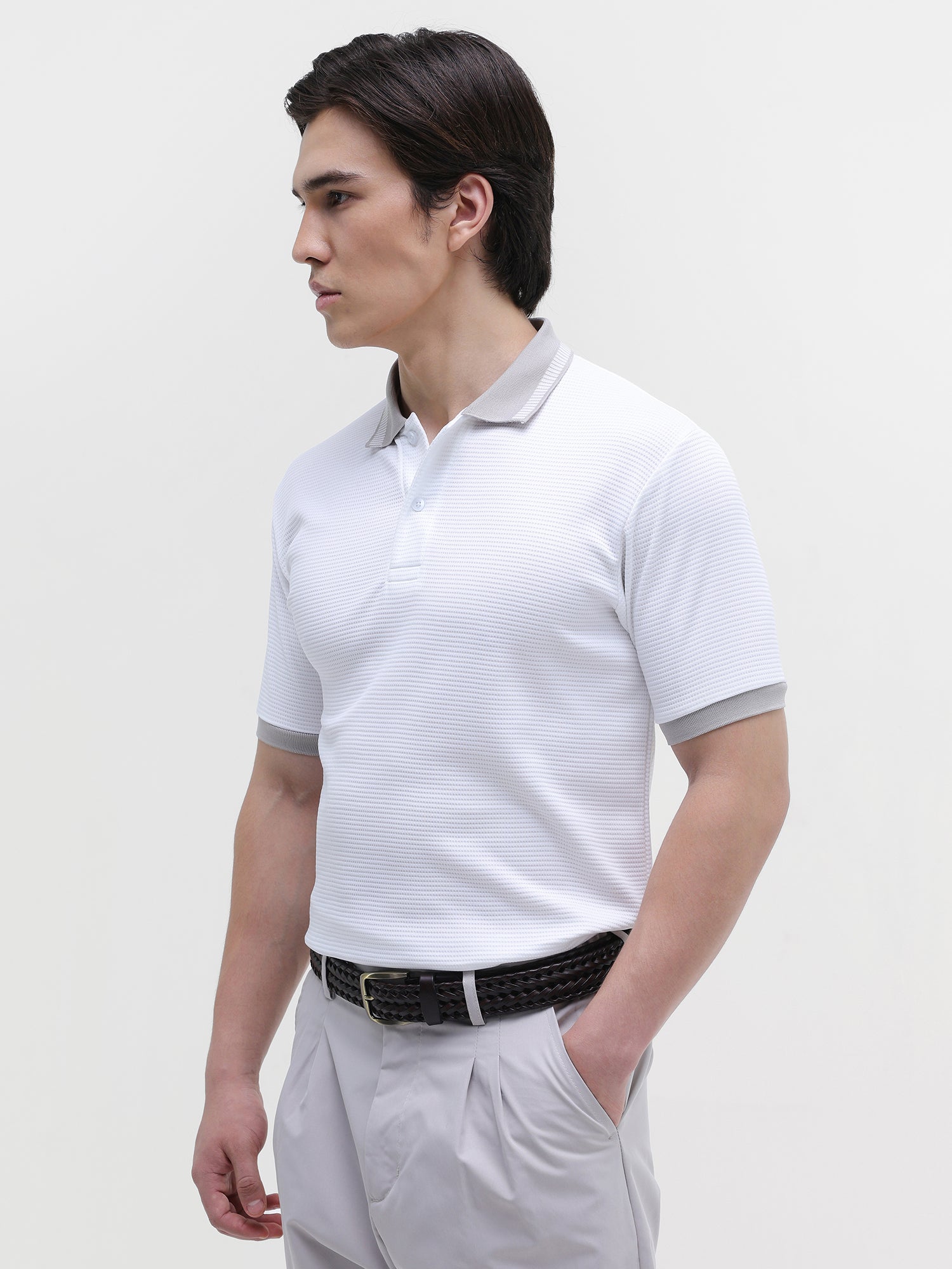 Men White Waffle Knit Polo