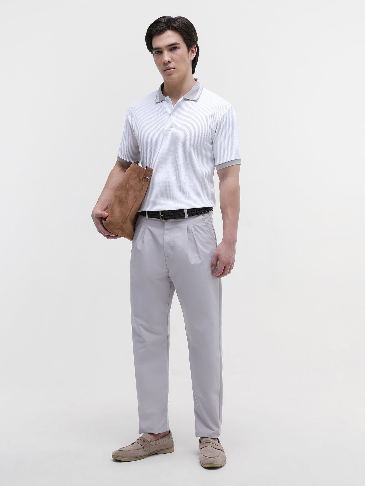 Men White Waffle Knit Polo