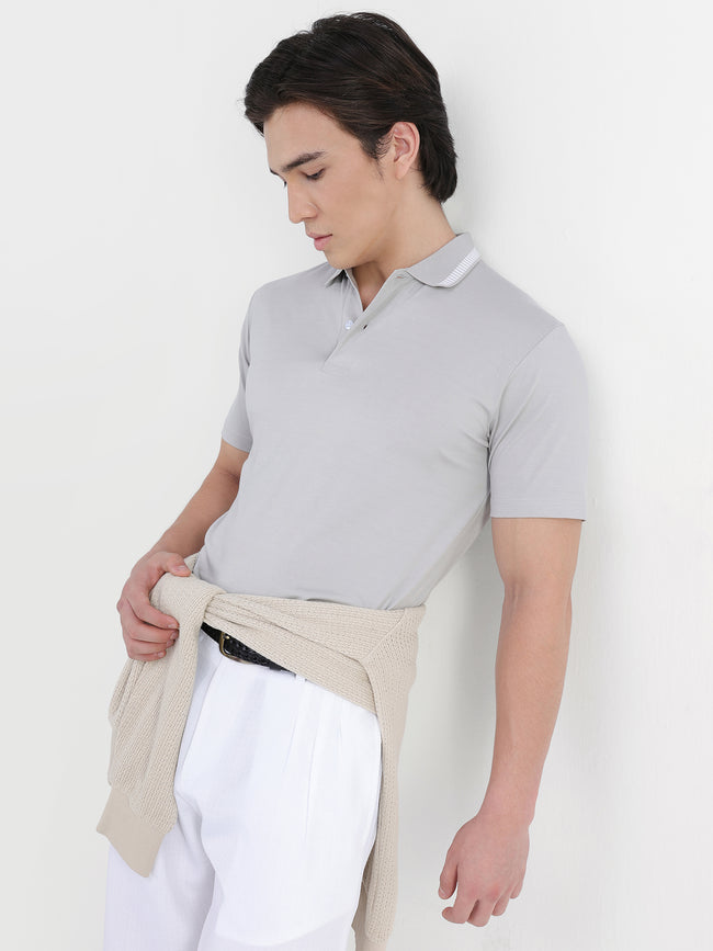 Men Grey Soild Regular Fit Polo