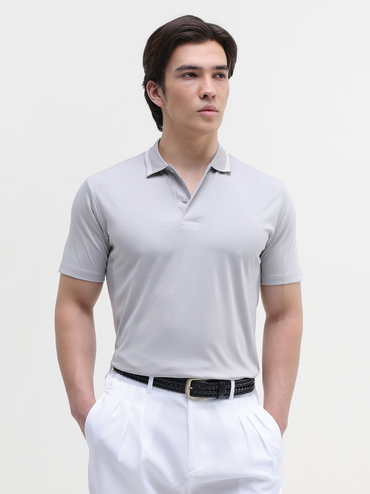 Men Grey Soild Regular Fit Polo