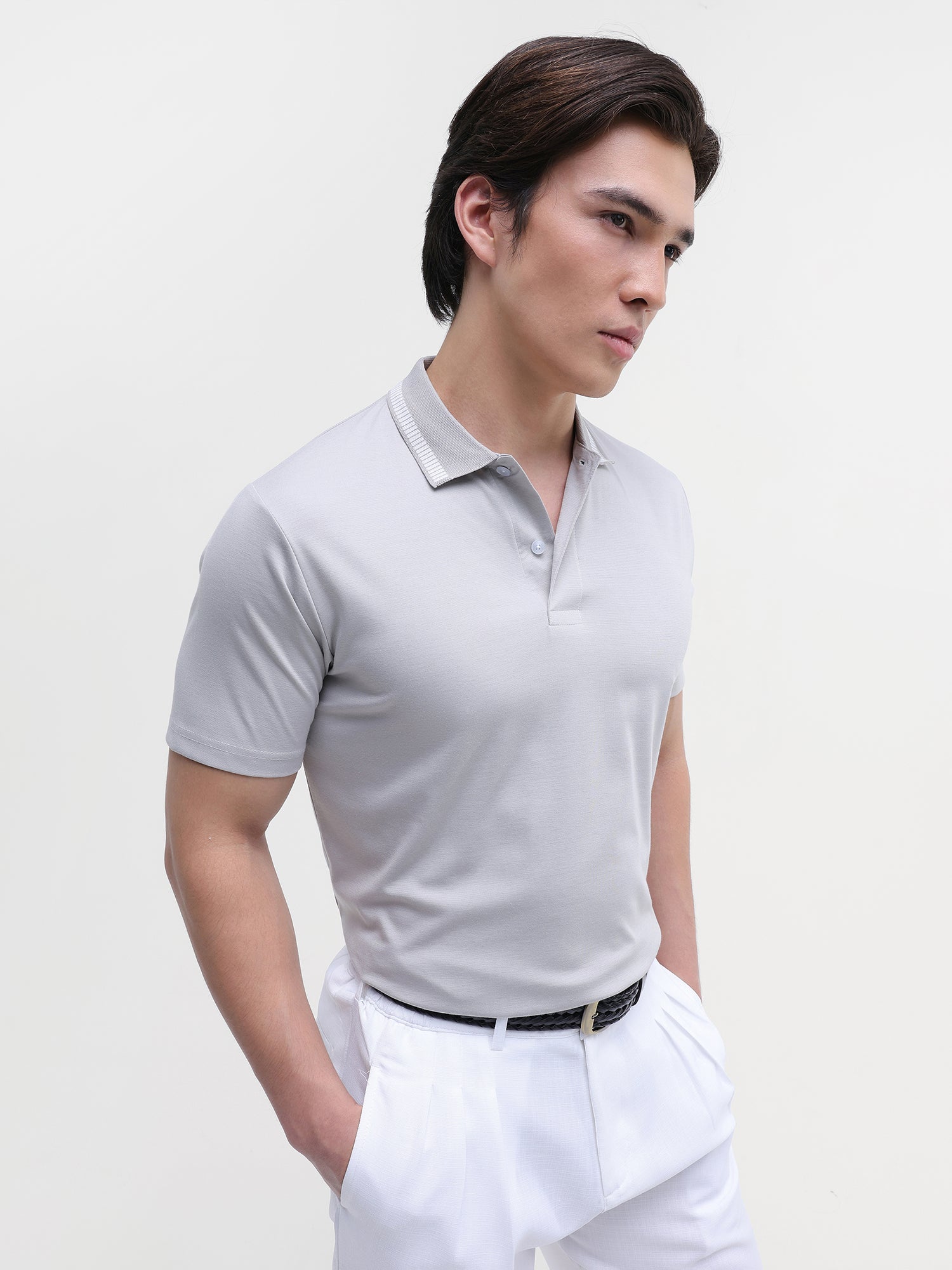 Men Grey Soild Regular Fit Polo